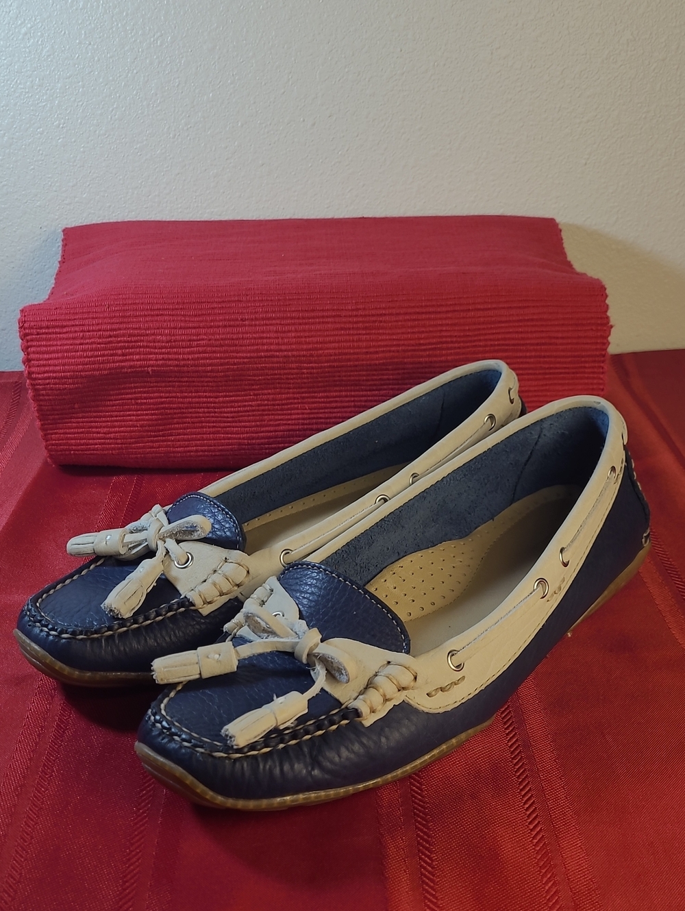 L.L. Bean Navy and Cream Tassel Moccasin Loafers